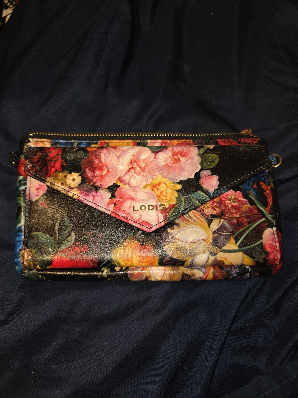 Lodis Floral Envelope Wallet Crossbody - Black with Pink & Yellow Blooms